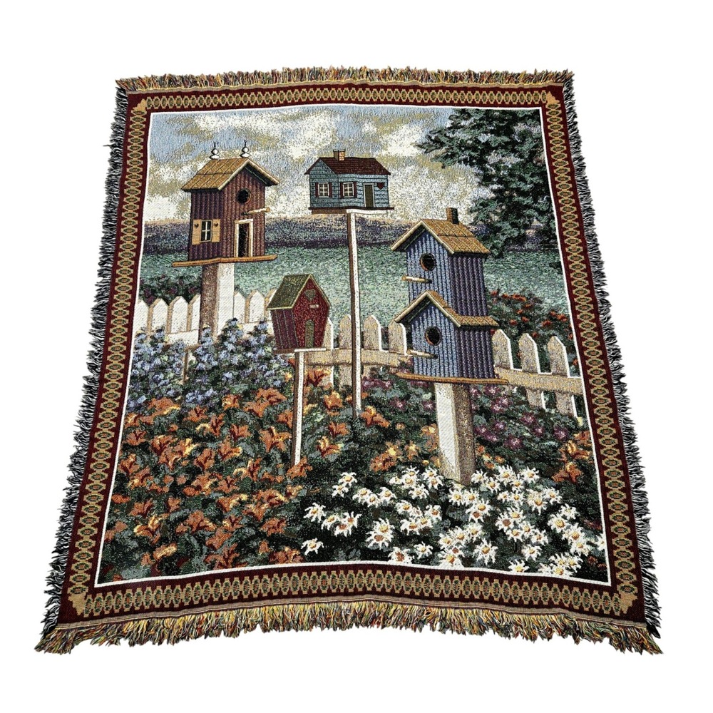 Unbranded Knit Throw Blanket 54"x48" Multicolored Birdhouse Garden Fringed Woven